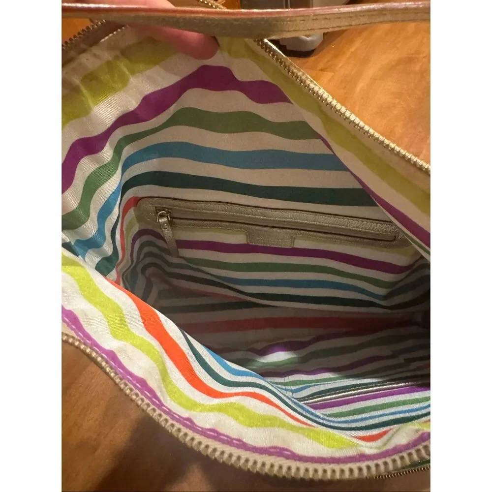 Kate Spade New York Metallic Gold Leather Shoulder Bag Tote Purse Striped Lining